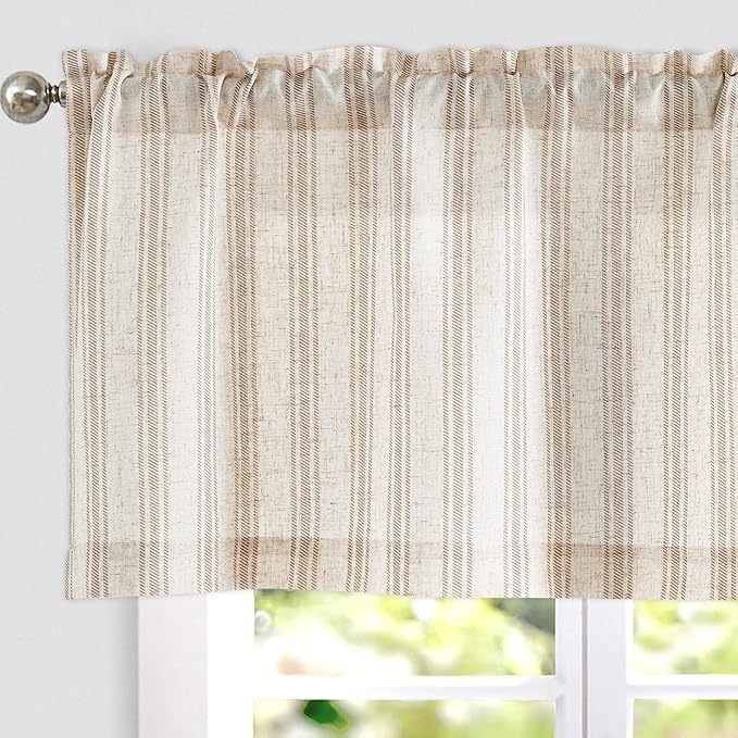JINCHAN Striped Valance Window Treatment Linen Valance for Windows Small Window Farmhouse Curtain Light Filtering Flax 16 Inch Length Rod Pocket 1 Panel Tan on Linen