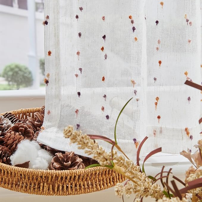 jinchan Valance Curtains for Windows 16 Inch Colorful Mini Pom-Pom Country Farmhouse Kitchen Valance Semi Sheer Voile Samll Window Treatment for Bedroom Living Room Rod Pocket 1 Panel Amber Bloom