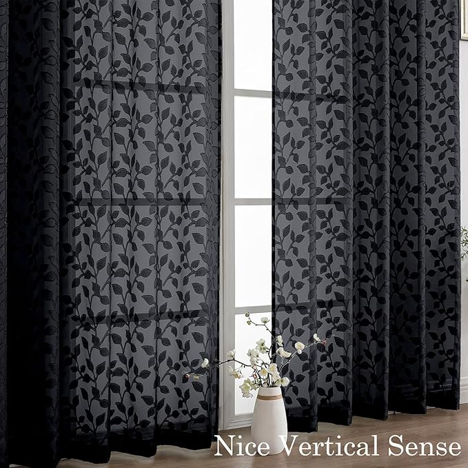 Chyhomenyc Black Sheer Curtains 84 Inch Length 2 Panels Set, Light Filtering Tufted Textured Soft Airy Rod Pocket Gentle Leaf Window Treatment Drapes for Bedroom Living Room, 42" Wx84 L, 2PCS