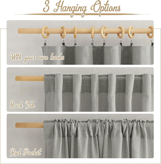NICETOWN Linen Gray Sheer Curtains for Bedroom, Rod Pocket & Back Tab Flax Linen Burlap Semi Sheer Eclectic Window Treatments Privacy with Light Filtering for Boys Room, W52 x L90