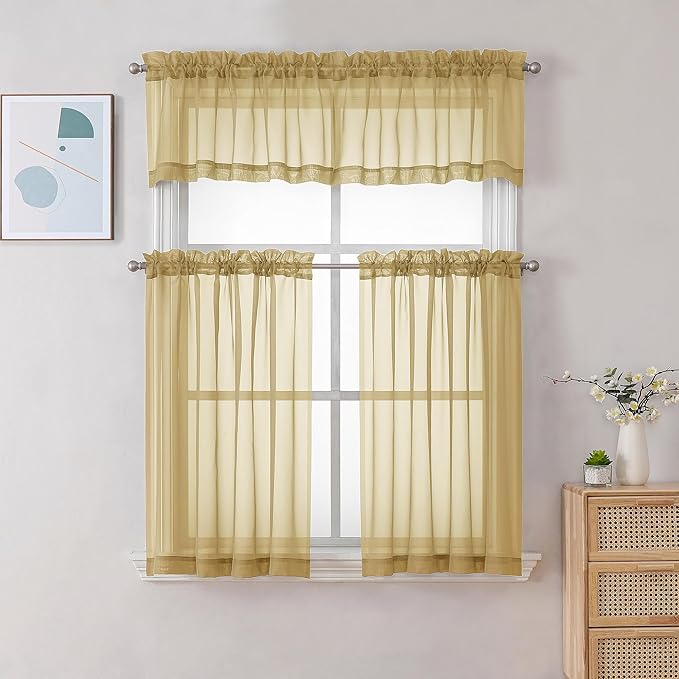 Gwine Gold Sheer Curtains 30 Inch Length, Short Light Filtering Voile Small Cafe Kitchen Curtains with Rod Pocket, Short Curtain for Bathroom Window, 42x30 Inch, 2PCS
