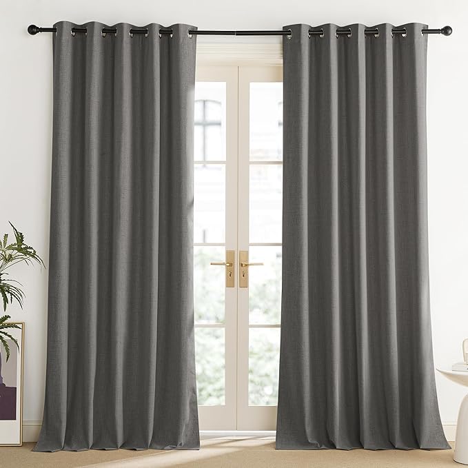 NICETOWN Grizzle Gray Vintage Linen 100% Blackout Curtains for Living Room, Thermal Insulated Curtains 102“ Long, Noise Reducing Window Treatment Drapes for Home Office, 62" Wide Per Panel, Set of 2