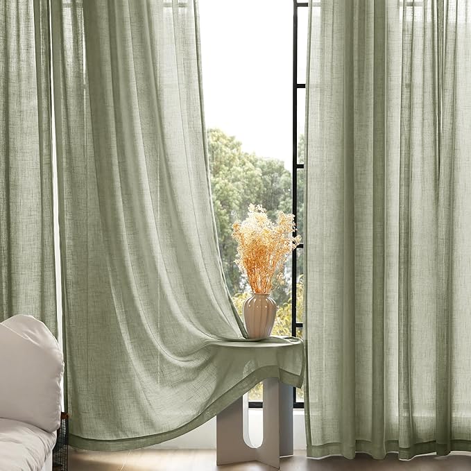 Linen Blend Sage Green Curtains 102 inch Length 2 Panels for Bedroom Back Tab Light Filtering Semi Sheer Drapes Linen Cotton Textured Light Green Airy Modern Farmhouse Living Room Sage Aesthetic Decor
