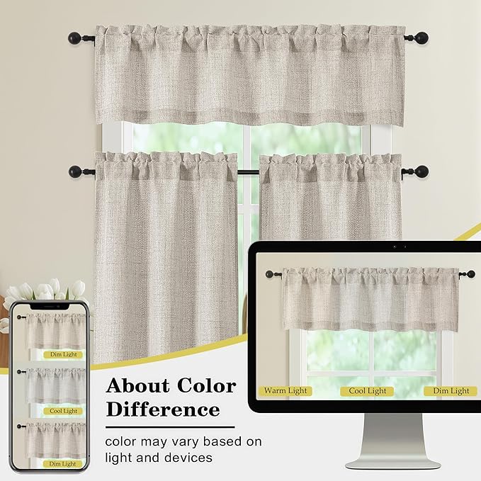 Valances for Windows, Light Filtering Faux Linen Textured Small Short Window Curtain for Bathroom Basement Farmhouse, Rod Pocket Top Half Curtains for Windows, Linen 52Wx18L Inch