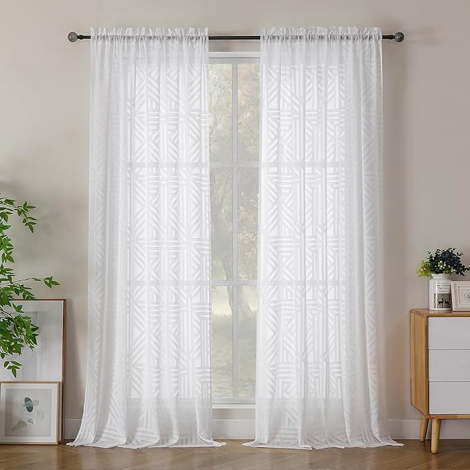 Simplebrand Semi Sheer White Curtains 90 Inches Long 2 Panels, Light Filtering Geometric Jacquard Clip Textured Sheer Curtains for Living Roon，Modern Elegant Window Curtains Drapes, 52x90 inch