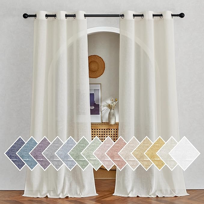 NICETOWN Bedroom Curtains Linen Blend 90 inches Long, Grommet Privacy Semi Sheer Curtains Privacy Window Treatments with Light Filtering for Bedroom, Natural, W36 x L90, 2 Panels