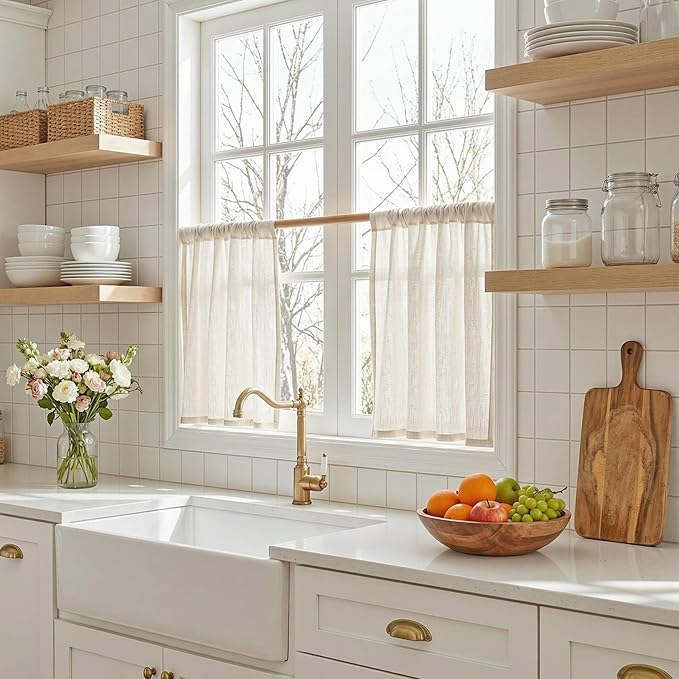 MYSKY HOME Natural Linen Curtains 30 Inches Long for Kitchen Window Semi Sheer Light Filtering Cafe Curtain Tiers Rod Pocket Short Country Decor Drapes for Basement/Small Window, 2 Panels, 34 x 30 in