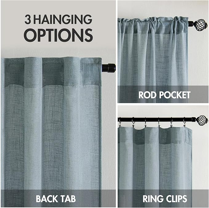 MIULEE Dusty Blue Linen Curtains 54 Inch Length 2 Panels for Bedroom Living Room, Soft Thick Linen Textured Natural Short Window Drapes Semi Sheer Light Filtering Back Tab Rod Pocket Burlap Look Decor