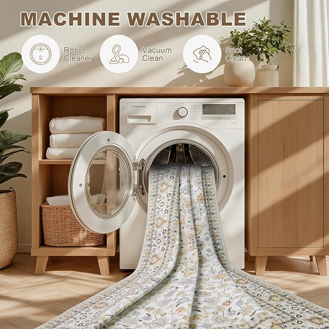 2x3 Area Rugs Living Room Rug: Washable Vintage Boho Rug No Slip Stain Resistant Soft Carpet Indoor Floor Floral Large Carpets for Bedroom Dining Room Farmhouse Nursery Hallway Home Office Beige