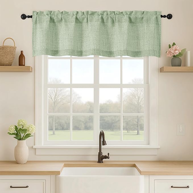 OVZME Valance for Windows, Light Filtering Faux Linen Textured Small Short Valance Kitchen Curtain, Dual Rod Pocket Top Short Window Curtain for Bathroom Basement Farmhouse, 52Wx14L Inch, Sage Green