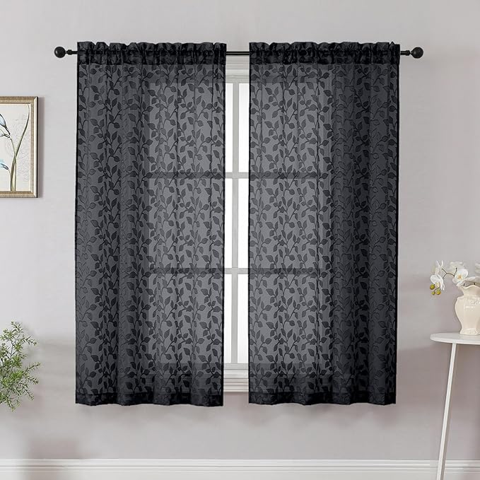 Chyhomenyc Black Short Curtains 45 Inch Length 2 Panels, Light Filtering Leaf Textured Window Curtain Panels for Bedroom Living Room, Elegant Rod Pocket Farmhouse Curtains, 30" Wx45 L, 2 PCS