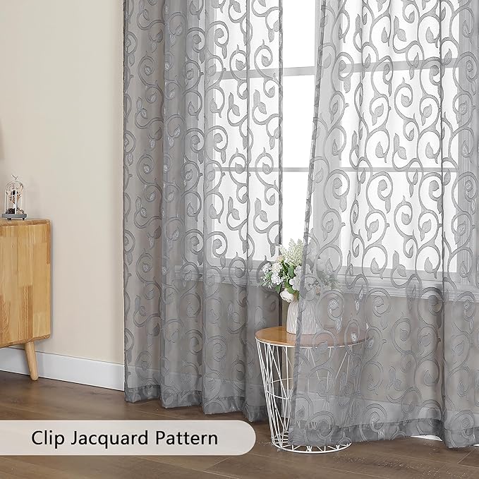 OWENIE Furman Sheer Charcoal Gray Curtains 90 inches Long for Bedroom Living Room 2 Panels Set, Light Filtering Soft Semi Sheer Jacquard Clip Farmhouse Curtains Rod Pocket Design, Each 52Wx90L inch
