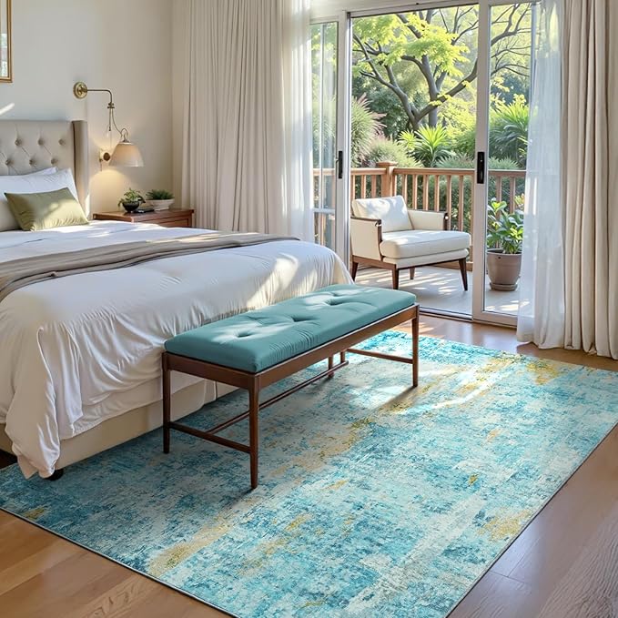 Ompaa Living Room Rug 5x7 Teal Blue Area Rug Machine Washable Boho Rug Non Slip Abstract Vintage Indoor Large Rugs for Bedroom, Classroom, College Dorm, Farmhouse, Dining Room, Kids Playroom