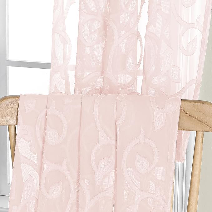 OWENIE Furman Blush Pink Sheer Curtains 36 inch Length 2 Panels Set for Bedroom Living Room Small Windows, Airy Soft Elegant Jacquard Textured Kitchen Curtains Tier, Each 28Wx36L inch
