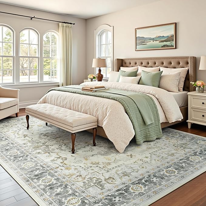 Lofus 8x10 Area Rugs for Living Room, Machine Washable Non-Slip Area Rug, Low Pile Large Rugs for Bedroom, Kitchen, Dining Room, Home Office, Vintage Oriental Print Rug, Taupe Grey