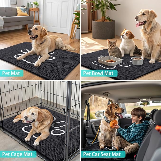 Smiry Dog Door Mat for Muddy Paws, Absorbent Dirt Trapper Non Slip Quick Dry Washable Chenille Mat for Mud Dogs, Entry Rug for Indoor and Outdoor (48x30 Inches, Black and White)