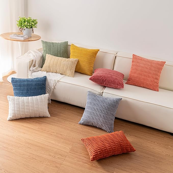 Pack of 2 Corduroy Decorative Throw Pillow Covers 20x20 InchSoft Boho Striped Pillow Covers Modern Farmhouse Home Decor for Sofa Living Room Couch Bed（Cream White）