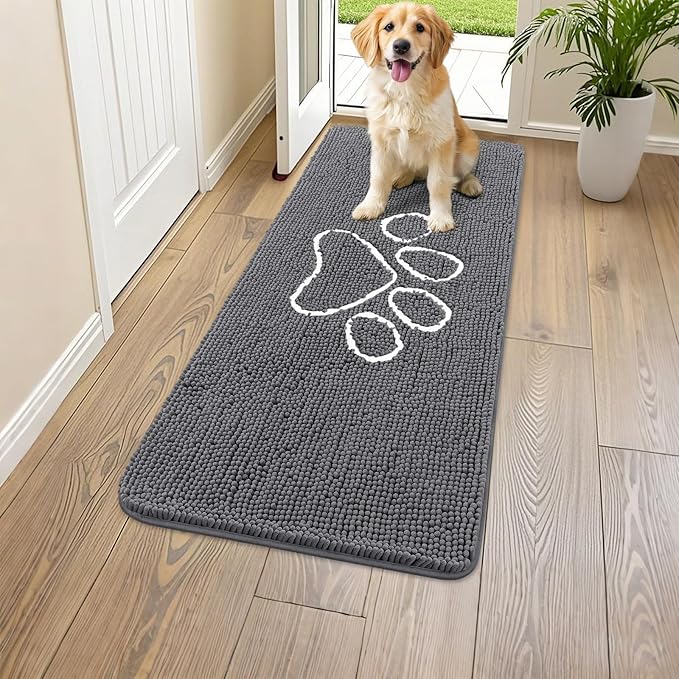 Smiry Dog Door Mat for Muddy Paws, Absorbent Dirt Trapper Non Slip Quick Dry Washable Chenille Mat for Mud Dogs, Entry Rug for Indoor and Outdoor (44x24 Inches, Dark Grey and White)