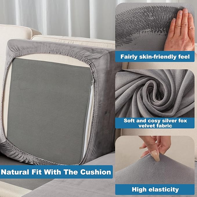 Couch Cover 6-Piece Elastic Velvet Couch Cushion Covers & Chaise Slipcovers for L-Shaped Sofas - Sofa Seat Covers Washable, Soft Protector for Couches (5 Seater + Chaise, Grey)