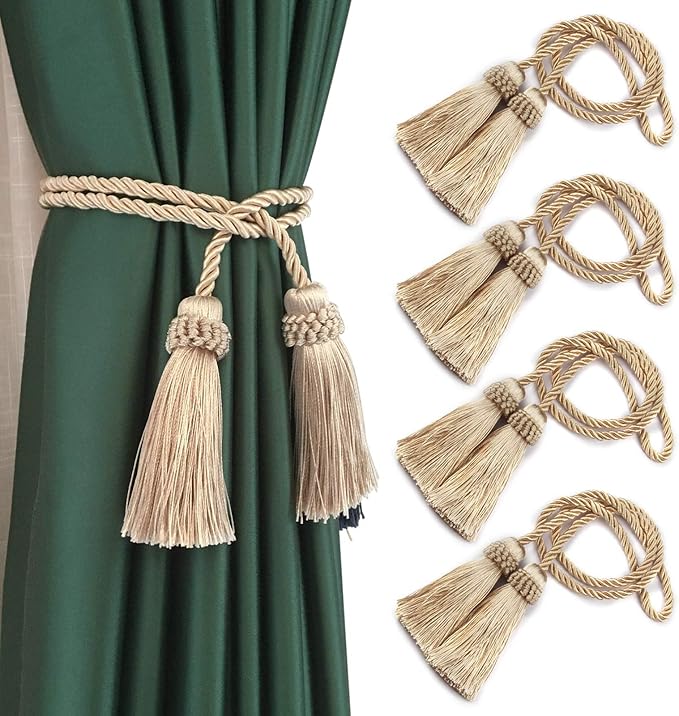 Fenghuangwu Curtain Tiebacks Handmade Decorative Curtain Holdbacks Rope with Tassel (Beige, 4 Pack)
