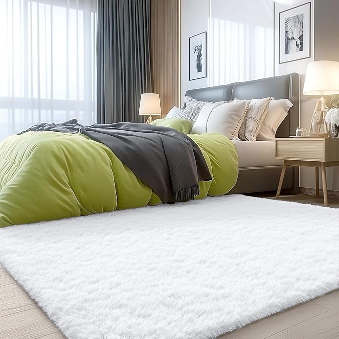 OLANLY 4x5 Machine Washable Accent Rug, Soft Fluffy Shaggy Area Rug for Bedroom, Living Room, Indoor Floor Carpet for Kids, Nursery, Home Decor, White