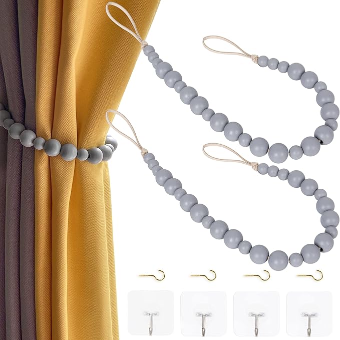 OCIOLI 2 Pack Wood Bead Curtain Tieback Boho Curtain Tiebacks Curtain Holdbacks for Wall Curtain Ties Curtain Tie Backs with Hooks for Boho Decor Bedroom Decor Nursery Decor (Grey, 2)