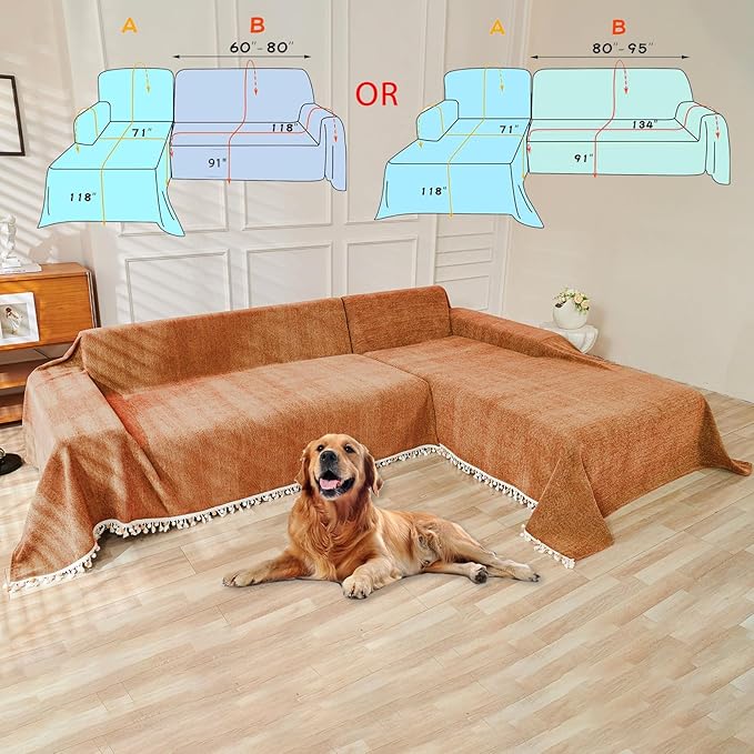 HANDONTIME Dark Orange Sofa Covers Couch Cover for Dogs Colorful Tassel Lovetseat Covers Pet Couch Cover Bohemian Sofa Cover for Couch Vintage Boho Couch Covers Futon Cover Pet-Friendly, 71" X118"