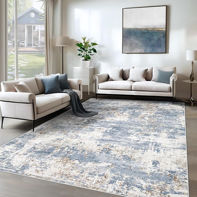 XLUEZ 6x9 Area Rugs for Living Room, Washable Modern Abstract Large Area Rug Neutral Soft Non Slip Kids Rug Stain Resistant Indoor Carpet for Bedroom Nursery Dining Room Playroom(Blue, 6'x9')