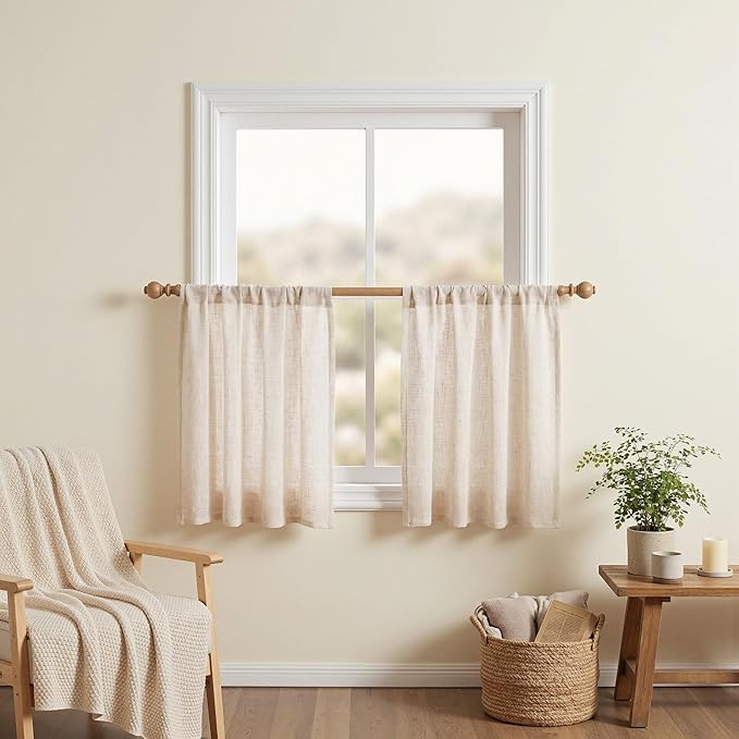 MYSKY HOME Short Linen Curtains 36 Inch Length for Kitchen Window, Over Sink Semi Sheer Light Filtering Panels Rod Pocket Tiers Drapes for Basement Bathroom Window, 2 Panels, Linen, 30 x 36 Inch