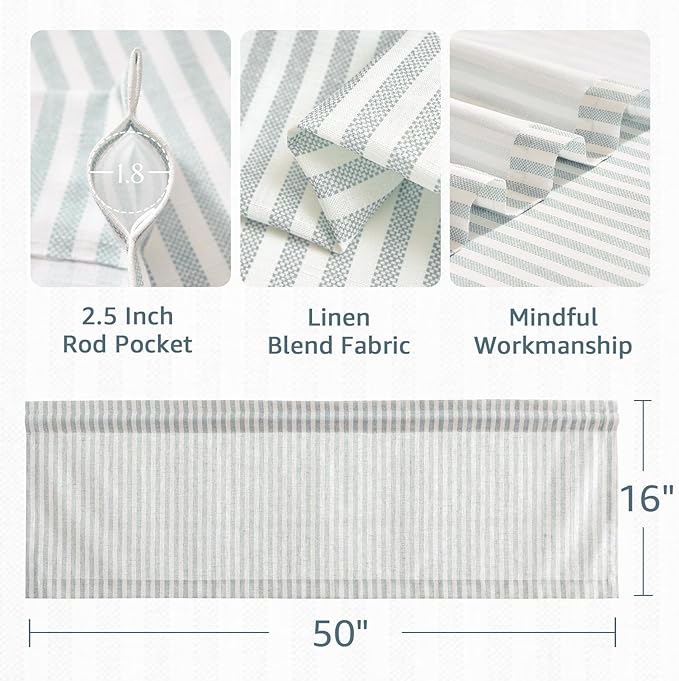 jinchan Linen Stripe Valance for Window 16 Inch Modern Rustic Farmhouse Valance for Kitchen Living Room Bathroom Window Treatment Light Filtering Rod Pocket 1 Panel Aqua Blue on Linen