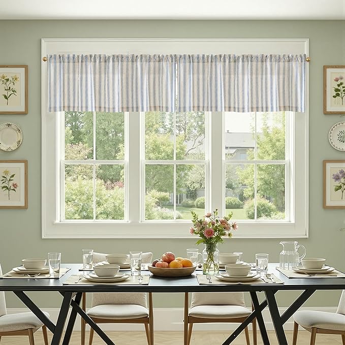 jinchan Striped Valance Farmhouse Window Treatment Linen Textured Drapes for Small Windows Kitchen Living Room RV Vintage Light Filtering Valance 16 Inch Rod Pocket 1 Panel Blue on Linen