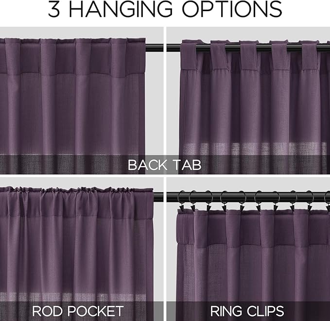 Nanspring Plum Linen Curtains 96 Inches Long 2 Panels Set for Living Room Rod Pocket Back Tab Semi Sheer Light Filtering Protect Privacy Plum Curtain for Bedroom Floor Length 52x96