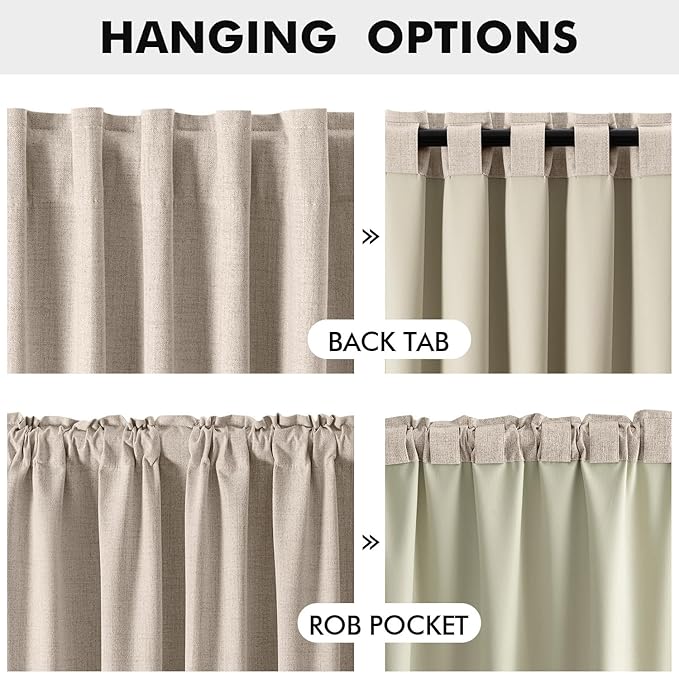 MIULEE 100% Blackout Linen Curtains for Bedroom, Natural Solid Luxury Decor Thermal Insulation Room Darkening Drapes for Living Room Nursery Back Tab Rod Pocket 42 x 63 Inches, 2 Panels