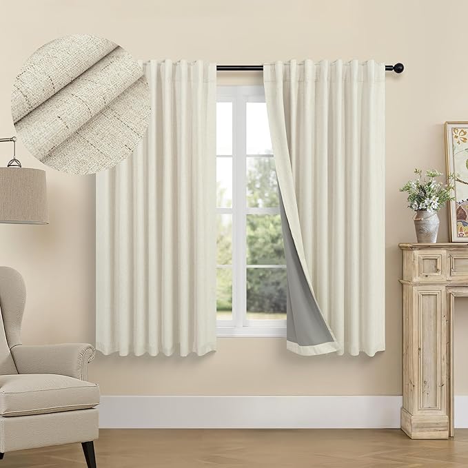Linen Textured Boho 100% Blackout Small Window Curtains 45 inch Length 2 Panels Country Curtain for Kitchen Door Bathroom Bedroom Living Room Darkening Short Cafe Drape Back Tab Rustic Farmhouse Beige