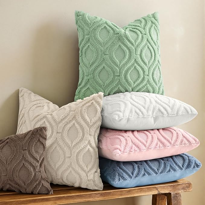 decorUhome Throw Pillow Covers 16x16 Inch Set of 2, Soft Plush Faux Wool Beige Solid Couch Pillow Covers, Accent Farmhouse Neutral Square Pillow Cases for Sofa Bed Living Room