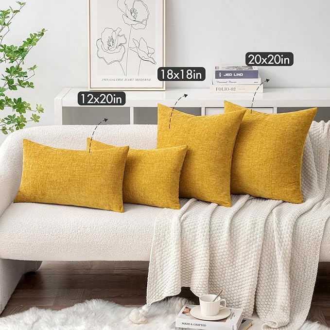 MIULEE Pack of 2 Mustard Yellow Throw Pillow Covers 20x20 Inch Soft Spring Chenille Pillow Covers for Sofa Living Room Couch Solid Dyed Cases