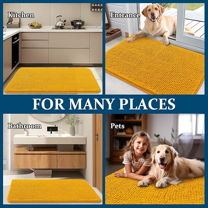 OLANLY Dog Door Mat for Muddy Paws 59x32, Absorbs Moisture and Dirt, Absorbent Non-Slip Washable Doormat, Quick Dry Chenille Mud Mat, Entry Indoor Entryway Carpet for Inside Floor, Golden Yellow
