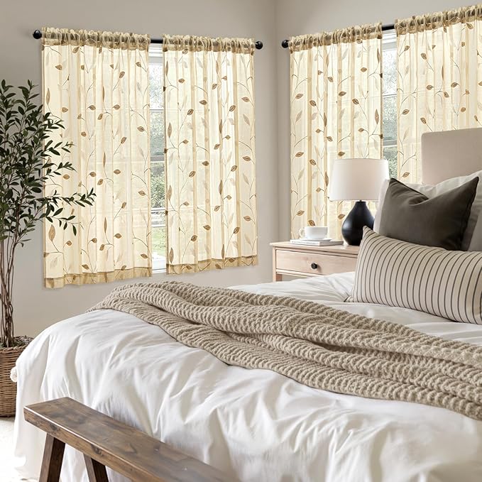 MIULEE Beige Sheer Curtains 2 Panels Embroidered Leaf Patterned Rod Pocket Floral Semi Sheer Faux Linen Short Window Curtains Drapes Set for Kitchen Living Room Bedroom, 52x54 Inches Length