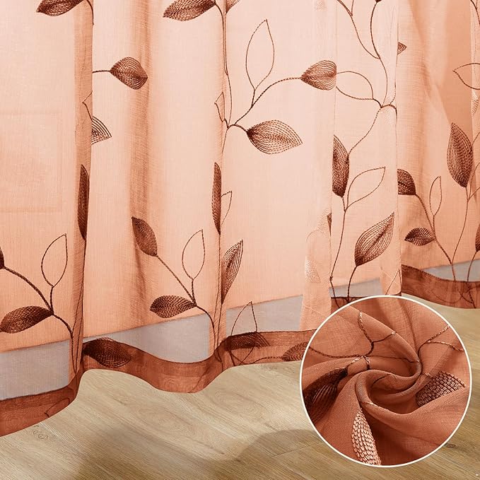 HOMEIDEAS Fall Burnt Orange Sheer Curtains 63 Inches Length 2 Panels Embroidered Floral Pattern Semi Sheer Window Curtains for Bedroom Living Room