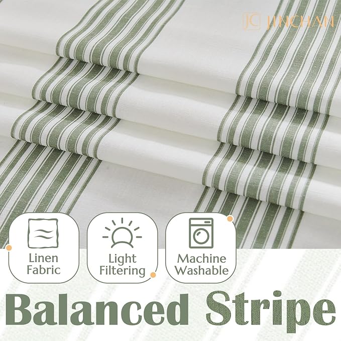 jinchan Striped Linen Valance Curtain 16 Inch Vertical Striped Valance for Kitchen Bathroom Light Filtering Window Treatment Rod Pocket Farmhouse Rustic Semi Sheer Short Window Curtain 1 Panel Green