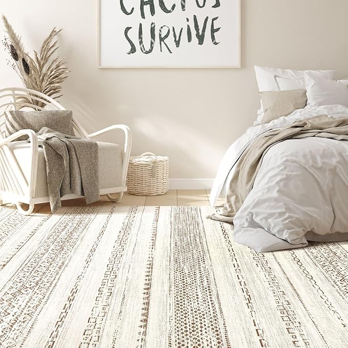 Nakagishi Area Rugs 8x10 Living Room: Washable Boho Large Neutral Soft Farmhouse Rug Stain Resistant Modern Geometric Non-Slip Indoor Floor Carpet for Bedroom Nursery Kids Playroom Office- Brown