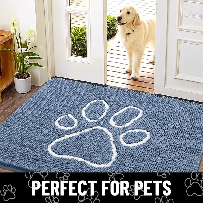 Smiry Dog Door Mat for Muddy Paws, Absorbent Dirt Trapper Non Slip Quick Dry Washable Chenille Mat for Mud Dogs, Entry Rug for Indoor and Outdoor (59x35 Inches, Airy Blue and White)