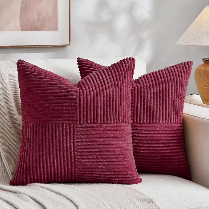 Fancy Homi 2 Packs Burgundy Euro Decorative Throw Pillow Covers 28x28 Inch for Bed, Rustic Farmhouse Boho Home Decor, Soft Corss Corduroy Patchwork Textured Square Cushion Case 71x71 cm