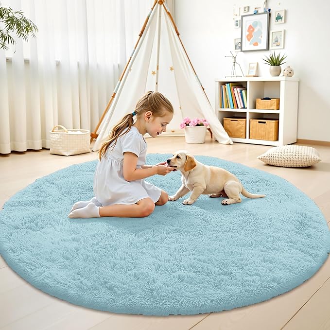 OLANLY Light Blue Round Rugs for Bedroom - Machine Washable, 9 ft Circle Area Rugs for Living Room, Soft and Fluffy Shaggy Carpet for Teen Girl and Boys, Nursery Rooms, Dorms, Home Decor Aesthetic