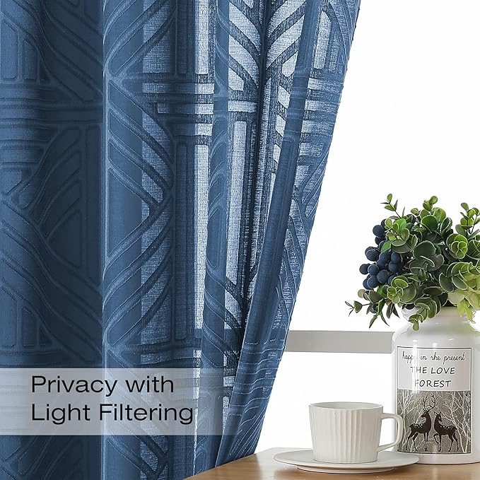 Simplebrand Semi Sheer Dusty Blue Curtains 36 Inch Length 2 Panels, Geometric Jacquard Clip Textured Short Sheer Curtains for Bedroom，Modern Elegant Window Curtains Panels/Drapes/Treatment，30x36 inch
