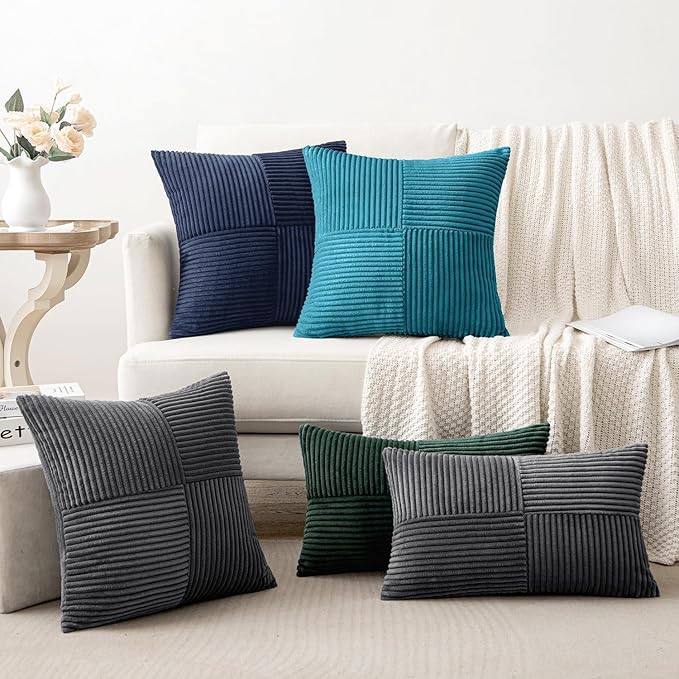 MIULEE Navy Blue Decorative Throw Pillow Covers 18x18 Inch for Couch Bed Sofa Pack of 2 Boho Farmhouse Throw Pillows Soft Cross Corduroy Patchwork Textured Cushion Cases
