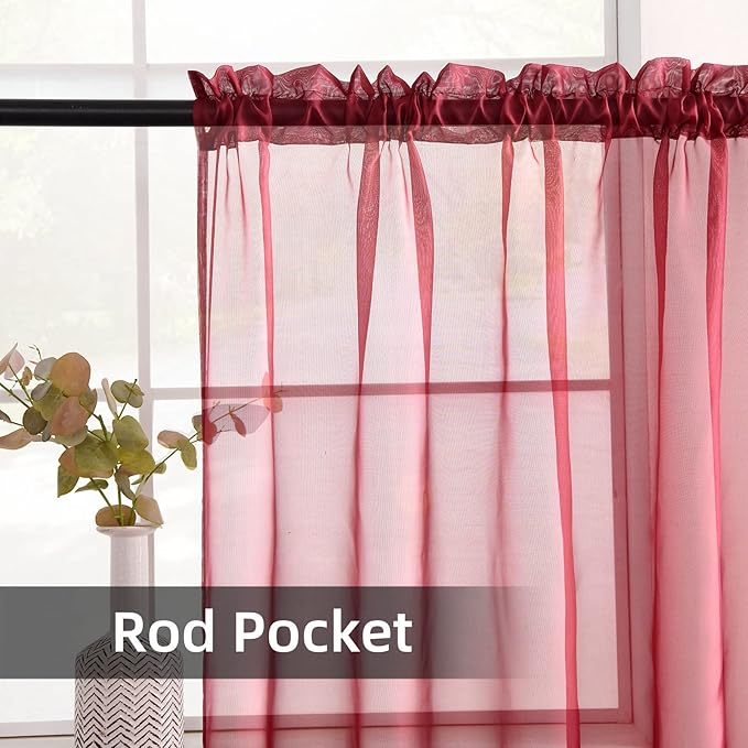 youleyar Solid Sheer Rod Pocket Curtain Voile Draperies 2 Panels White Beige Black Grey Coffee 52 Inch Width 63 Inch Long 1 Pair for Kitchen Bedroom Children Living Room Yard (Wine Red,52Wｘ63L)