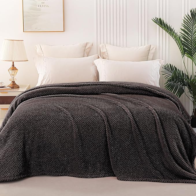 Whale Flotilla Queen Size Fuzzy Fleece Blanket, Fluffy Warm Soft Jacquard Bed Blankets for All Season, Lightweight and Cozy, 90x90 Inch, Coffee