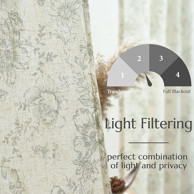 jinchan Linen Blend Floral Curtains for Living Room 108 Inches Extra Long Farmhouse Printed Curtain Back Tab Green Peony Flower Patterned Drapes Bedroom Window Curtains Set 2 Panels