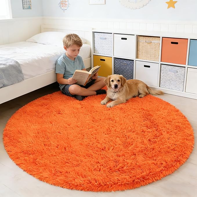 Orange Fluffy Round Rug,Soft Area Rugs for Girls Room,Shaggy Rugs 5'X5' for Living Room,Non Slip Circle Rug for Kids Bedroom,Shag Plush Nursery Carpets,Fuzzy Plush Rug for Dorm,Cute Room Decor Carpet